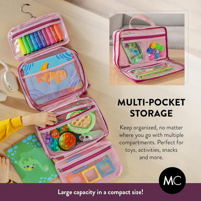 Kids Travel Organizer – Multi-Compartment, Water-Resistant Hanging Bag for Toys, Snacks, & Activities - Compact, Lightweight Design with Hook & Carry Handle - Perfect for Travel Use (Blue, Small)