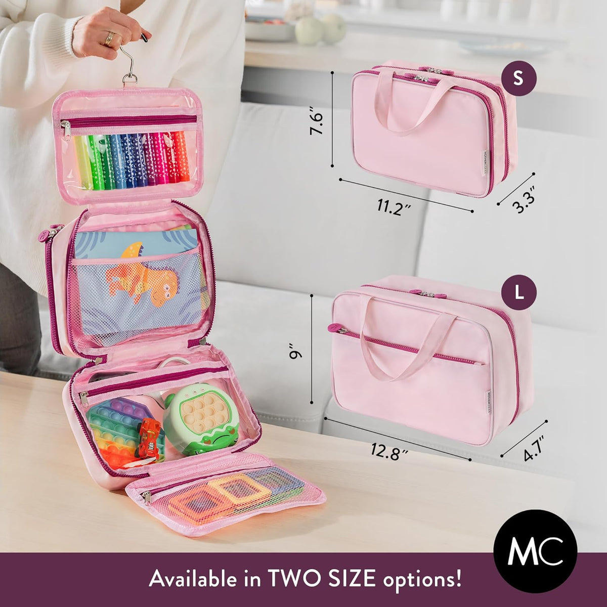Kids Travel Organizer – Multi-Compartment, Water-Resistant Hanging Bag for Toys, Snacks, & Activities - Compact, Lightweight Design with Hook & Carry Handle - Perfect for Travel Use (Blue, Small)