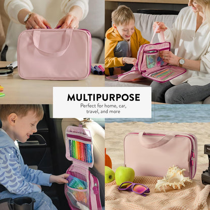 Kids Travel Organizer – Multi-Compartment, Water-Resistant Hanging Bag for Toys, Snacks, & Activities - Compact, Lightweight Design with Hook & Carry Handle - Perfect for Travel Use (Blue, Small)