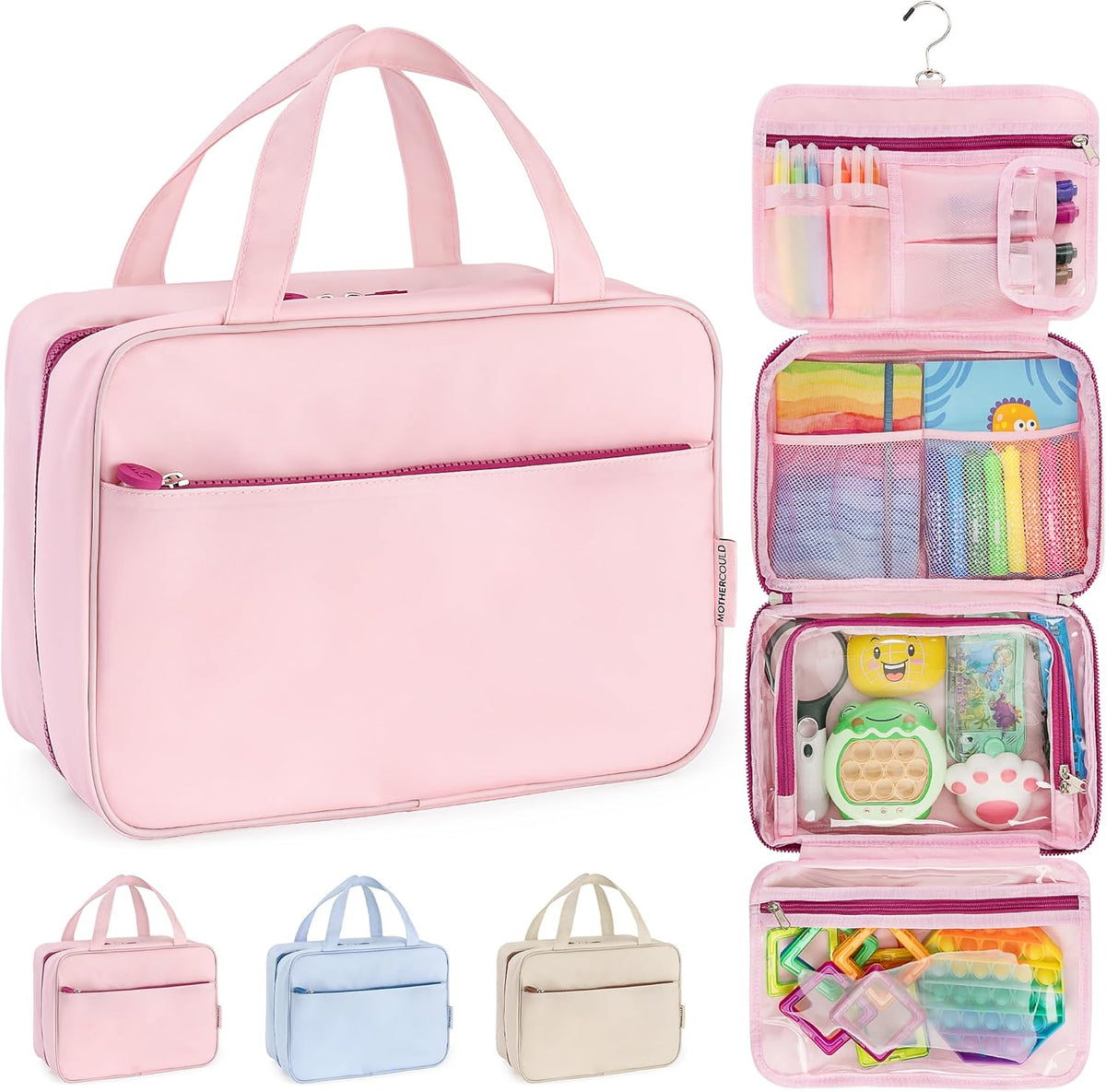 Kids Travel Organizer – Multi-Compartment, Water-Resistant Hanging Bag for Toys, Snacks, & Activities - Compact, Lightweight Design with Hook & Carry Handle - Perfect for Travel Use (Blue, Small)