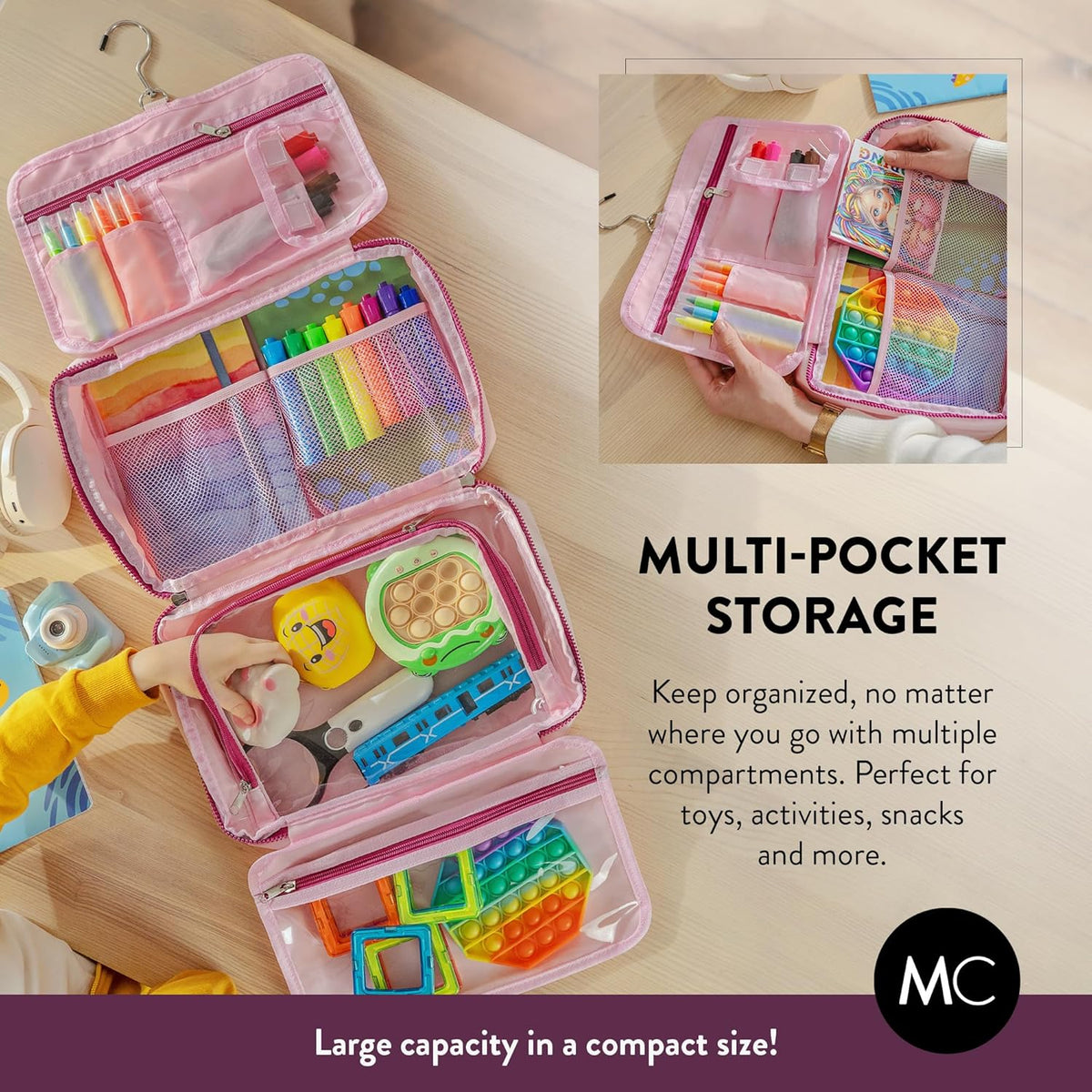 Kids Travel Organizer – Multi-Compartment, Water-Resistant Hanging Bag for Toys, Snacks, & Activities - Compact, Lightweight Design with Hook & Carry Handle - Perfect for Travel Use (Blue, Small)