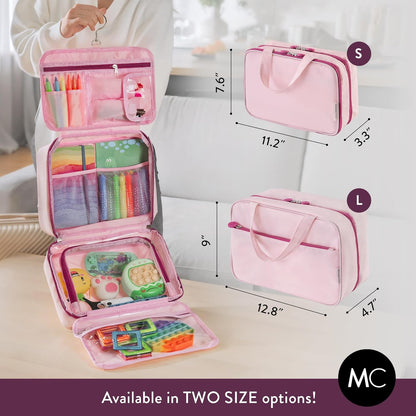 Kids Travel Organizer – Multi-Compartment, Water-Resistant Hanging Bag for Toys, Snacks, & Activities - Compact, Lightweight Design with Hook & Carry Handle - Perfect for Travel Use (Blue, Small)