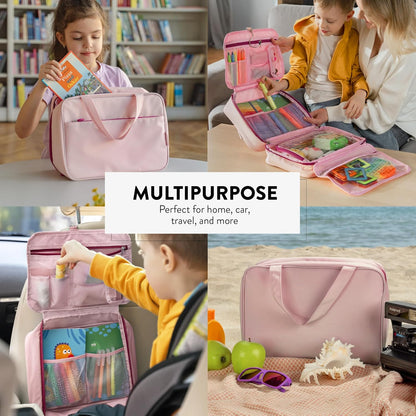 Kids Travel Organizer – Multi-Compartment, Water-Resistant Hanging Bag for Toys, Snacks, & Activities - Compact, Lightweight Design with Hook & Carry Handle - Perfect for Travel Use (Blue, Small)