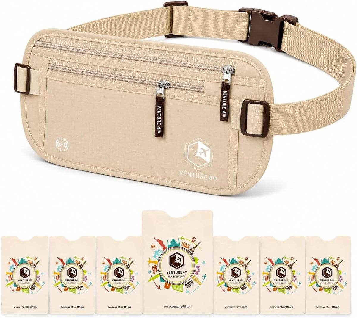 RFID Money Belt for Travel with RFID Blocking Sleeves – Slim Hidden Travel Wallet & Passport Holder for Men & Women, Lightweight Anti-Theft Pouch to Protect Cash, Cards & Documents - Brown