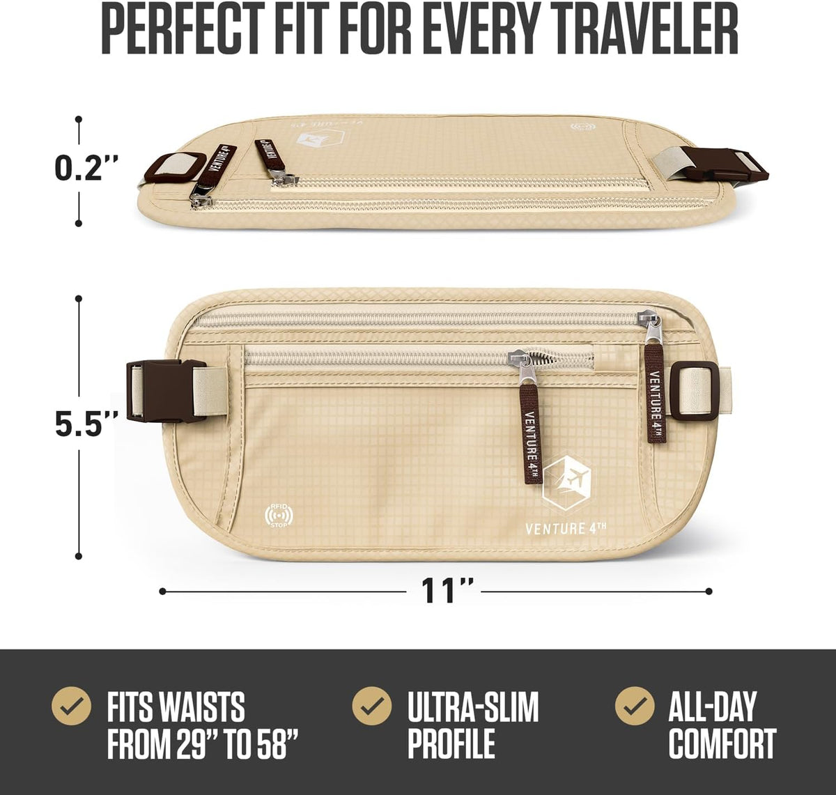 RFID Money Belt for Travel with RFID Blocking Sleeves – Slim Hidden Travel Wallet & Passport Holder for Men & Women, Lightweight Anti-Theft Pouch to Protect Cash, Cards & Documents - Brown
