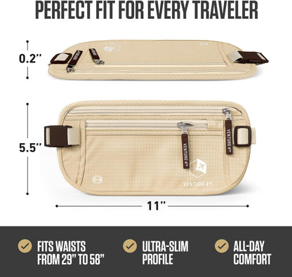 RFID Money Belt for Travel with RFID Blocking Sleeves – Slim Hidden Travel Wallet & Passport Holder for Men & Women, Lightweight Anti-Theft Pouch to Protect Cash, Cards & Documents - Brown