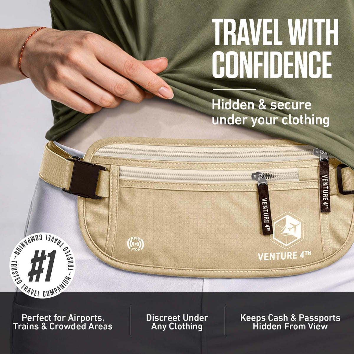 RFID Money Belt for Travel with RFID Blocking Sleeves – Slim Hidden Travel Wallet & Passport Holder for Men & Women, Lightweight Anti-Theft Pouch to Protect Cash, Cards & Documents - Brown