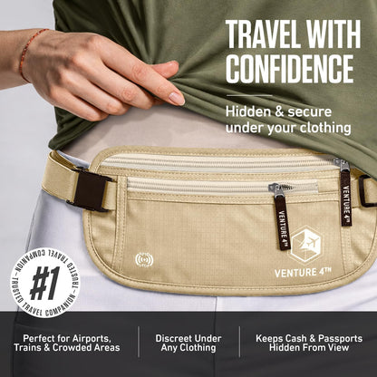 RFID Money Belt for Travel with RFID Blocking Sleeves – Slim Hidden Travel Wallet & Passport Holder for Men & Women, Lightweight Anti-Theft Pouch to Protect Cash, Cards & Documents - Brown