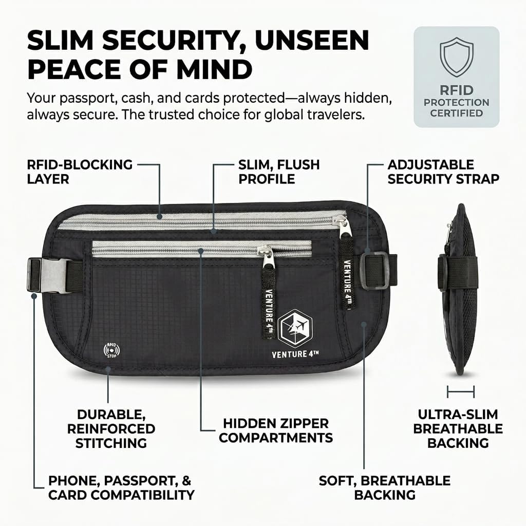 RFID Money Belt for Travel with RFID Blocking Sleeves – Slim Hidden Travel Wallet & Passport Holder for Men & Women, Lightweight Anti-Theft Pouch to Protect Cash, Cards & Documents - Brown