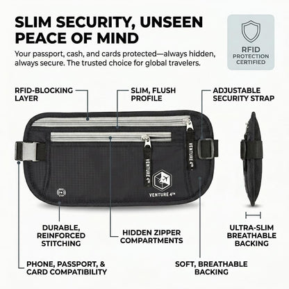 RFID Money Belt for Travel with RFID Blocking Sleeves – Slim Hidden Travel Wallet & Passport Holder for Men & Women, Lightweight Anti-Theft Pouch to Protect Cash, Cards & Documents - Brown