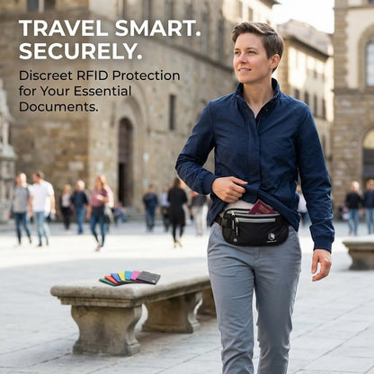 RFID Money Belt for Travel with RFID Blocking Sleeves – Slim Hidden Travel Wallet & Passport Holder for Men & Women, Lightweight Anti-Theft Pouch to Protect Cash, Cards & Documents - Brown