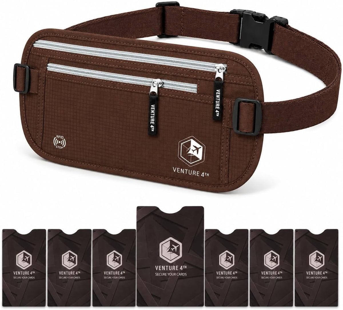 RFID Money Belt for Travel with RFID Blocking Sleeves – Slim Hidden Travel Wallet & Passport Holder for Men & Women, Lightweight Anti-Theft Pouch to Protect Cash, Cards & Documents - Brown