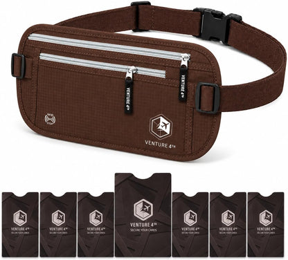 RFID Money Belt for Travel with RFID Blocking Sleeves – Slim Hidden Travel Wallet & Passport Holder for Men & Women, Lightweight Anti-Theft Pouch to Protect Cash, Cards & Documents - Brown