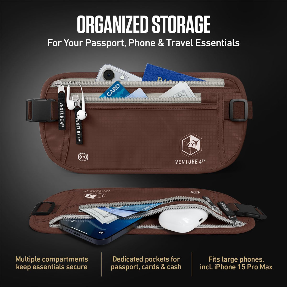 RFID Money Belt for Travel with RFID Blocking Sleeves – Slim Hidden Travel Wallet & Passport Holder for Men & Women, Lightweight Anti-Theft Pouch to Protect Cash, Cards & Documents - Brown