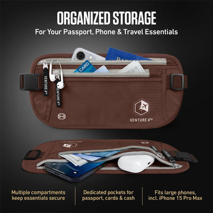 RFID Money Belt for Travel with RFID Blocking Sleeves – Slim Hidden Travel Wallet & Passport Holder for Men & Women, Lightweight Anti-Theft Pouch to Protect Cash, Cards & Documents - Brown
