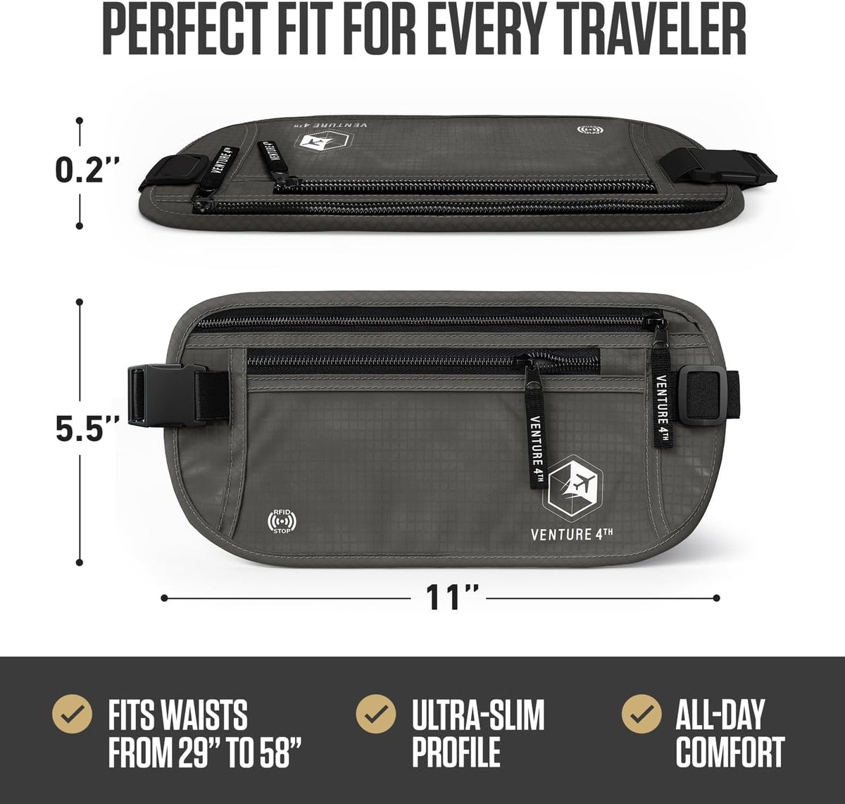 RFID Money Belt for Travel with RFID Blocking Sleeves – Slim Hidden Travel Wallet & Passport Holder for Men & Women, Lightweight Anti-Theft Pouch to Protect Cash, Cards & Documents - Brown