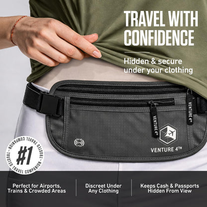 RFID Money Belt for Travel with RFID Blocking Sleeves – Slim Hidden Travel Wallet & Passport Holder for Men & Women, Lightweight Anti-Theft Pouch to Protect Cash, Cards & Documents - Brown