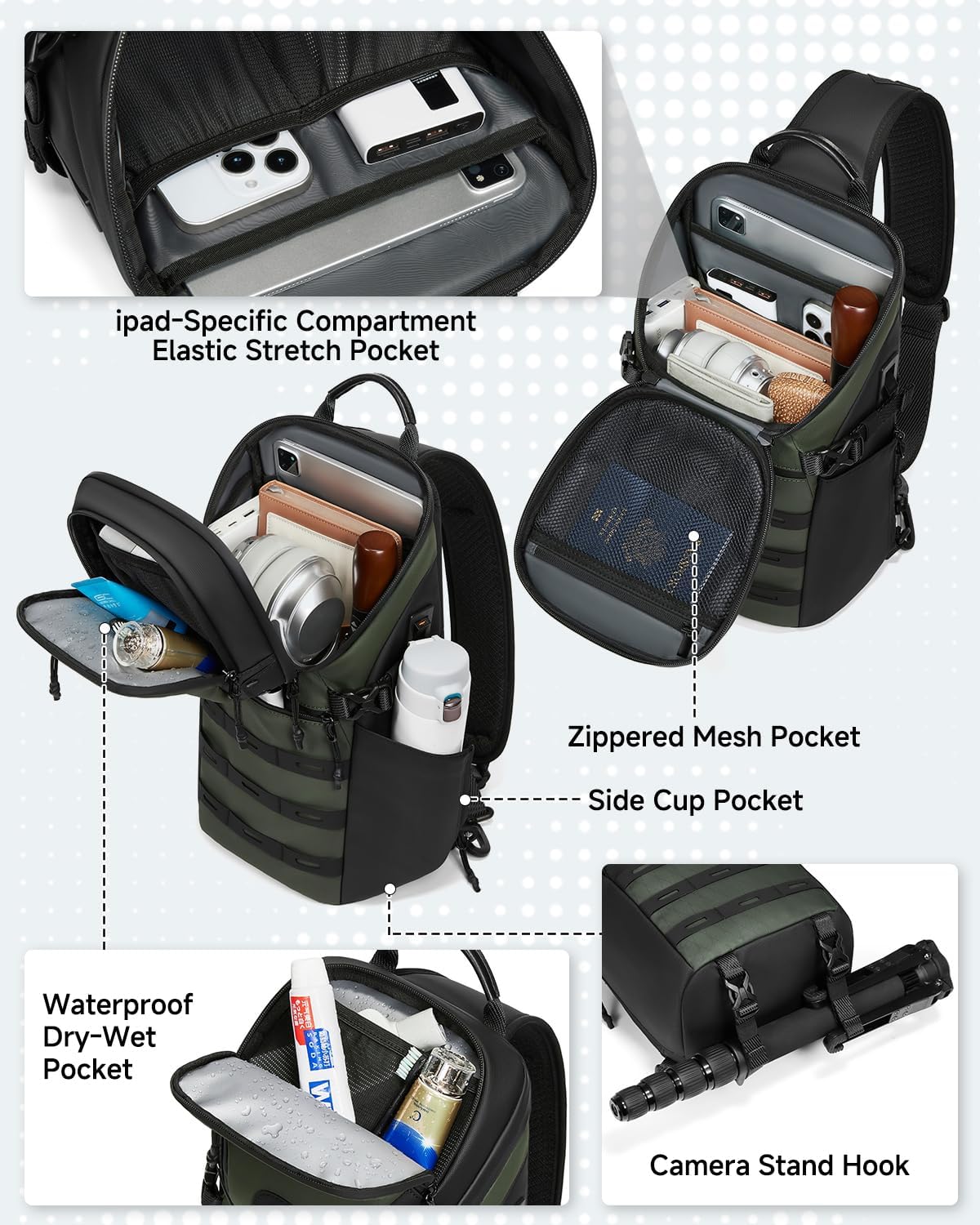 Crossbody Sling Backpack Sling Bag Travel Hiking Chest Bag Daypack Single Shoulder Bag (Grey)