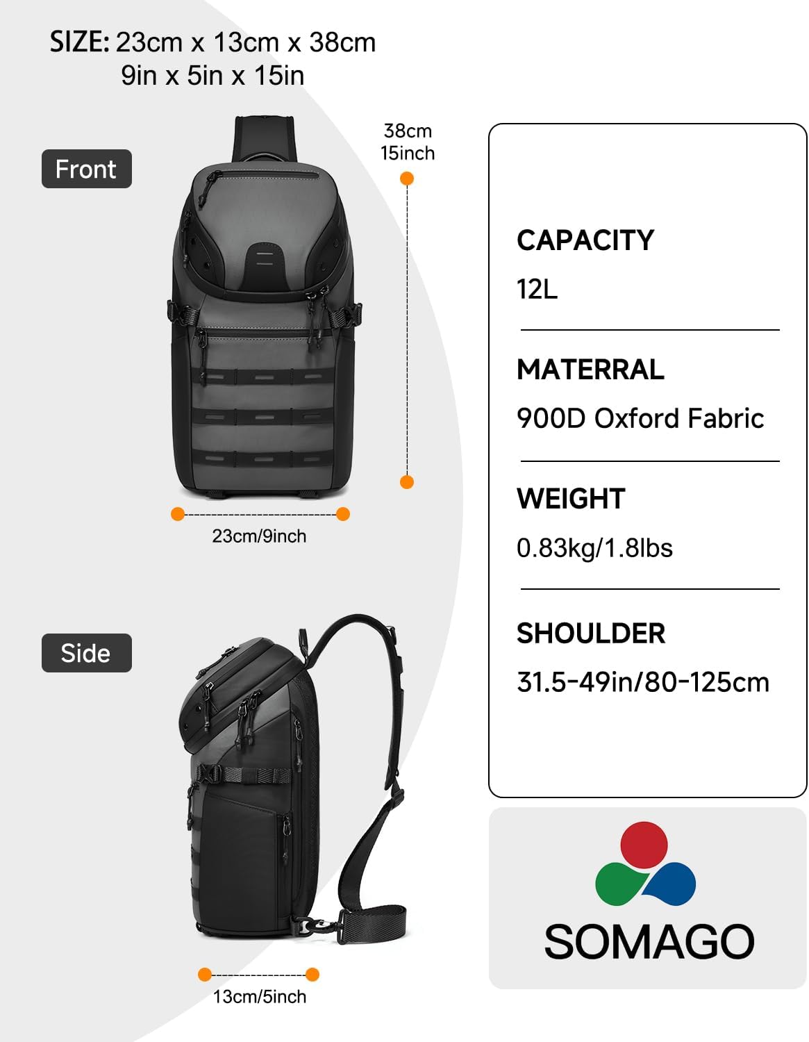 Crossbody Sling Backpack Sling Bag Travel Hiking Chest Bag Daypack Single Shoulder Bag (Grey)