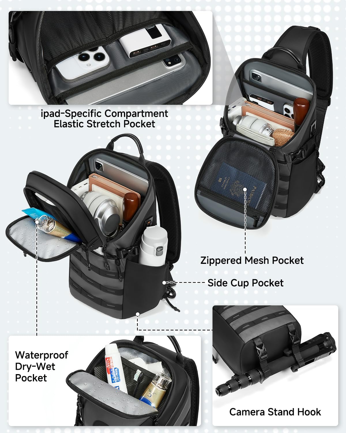 Crossbody Sling Backpack Sling Bag Travel Hiking Chest Bag Daypack Single Shoulder Bag (Grey)