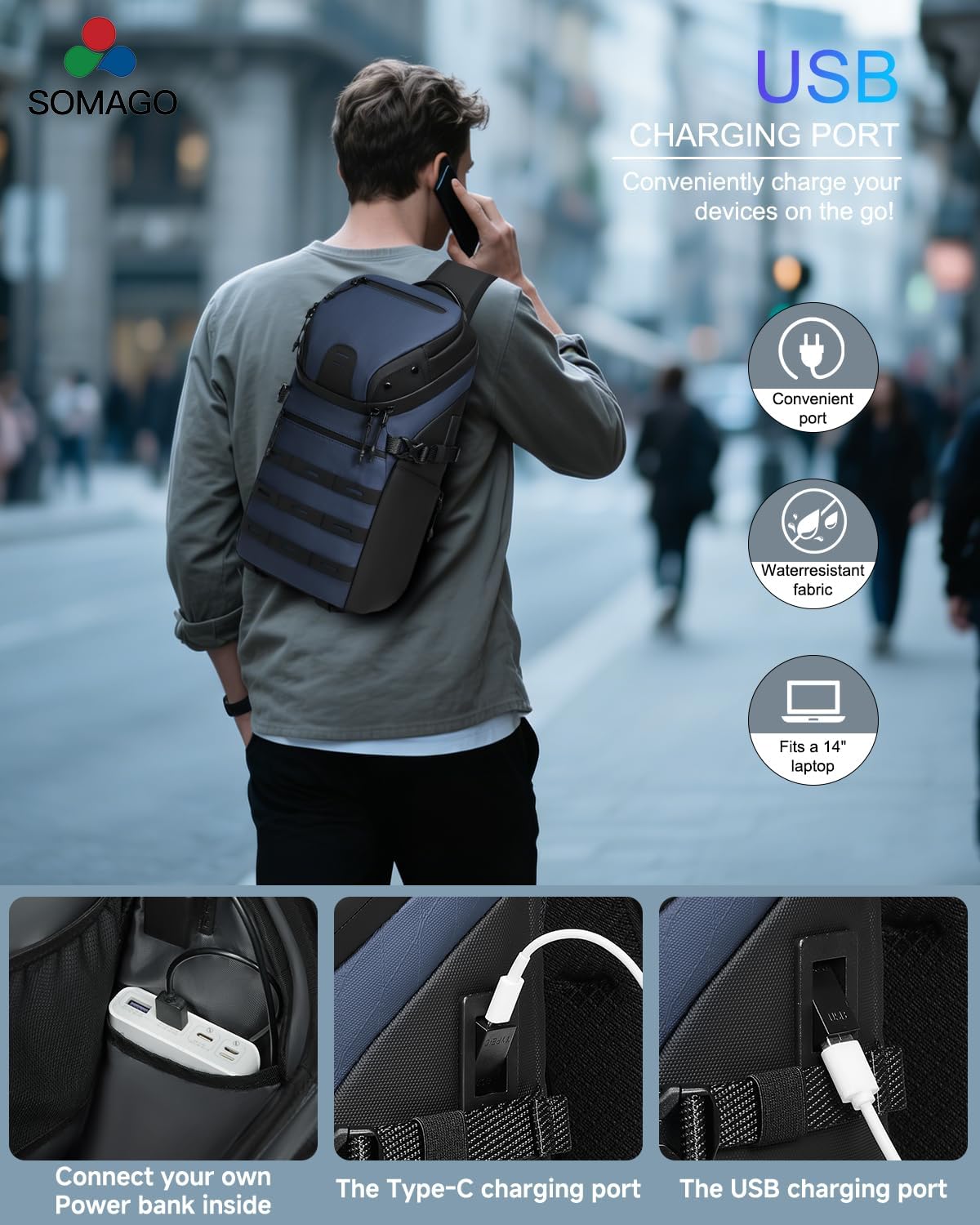 Crossbody Sling Backpack Sling Bag Travel Hiking Chest Bag Daypack Single Shoulder Bag (Grey)