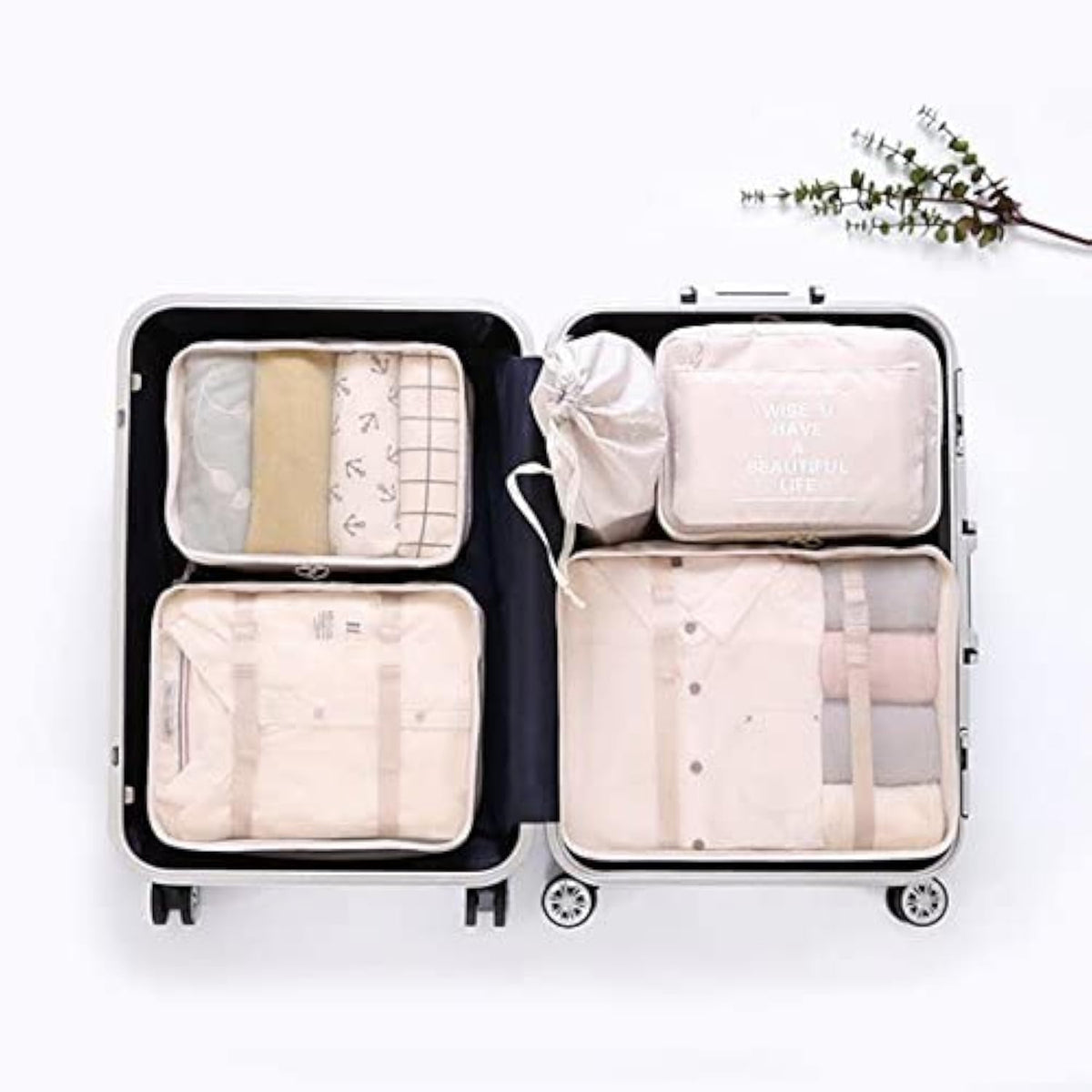 LANGUGU Compression Travel Luggage Organizers 6 Set, Mesh Clothes Bags Luggage Travel Packing Cubes with Bra Underwear Bag for Carry-on Luggage, Suitcase and Backpacking Accessories (Beige)