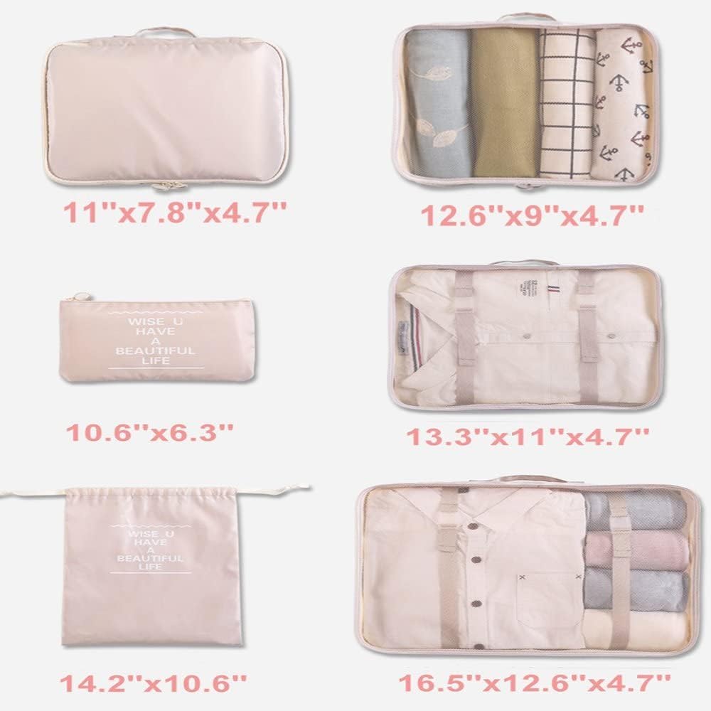 LANGUGU Compression Travel Luggage Organizers 6 Set, Mesh Clothes Bags Luggage Travel Packing Cubes with Bra Underwear Bag for Carry-on Luggage, Suitcase and Backpacking Accessories (Beige)