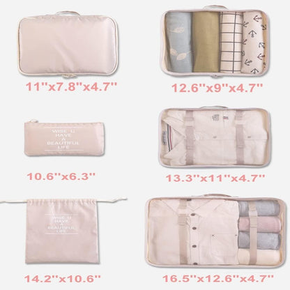 LANGUGU Compression Travel Luggage Organizers 6 Set, Mesh Clothes Bags Luggage Travel Packing Cubes with Bra Underwear Bag for Carry-on Luggage, Suitcase and Backpacking Accessories (Beige)