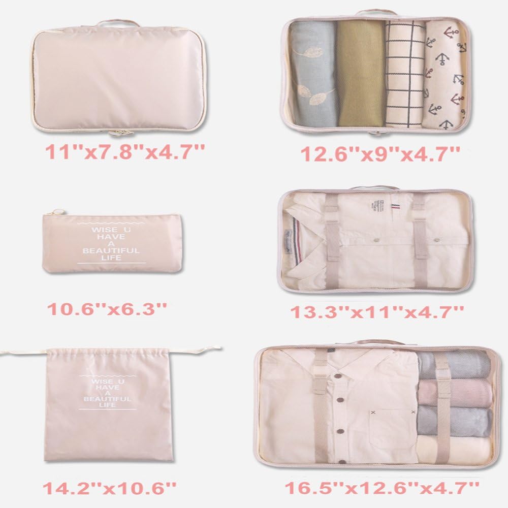 LANGUGU Compression Travel Luggage Organizers 6 Set, Mesh Clothes Bags Luggage Travel Packing Cubes with Bra Underwear Bag for Carry-on Luggage, Suitcase and Backpacking Accessories (Beige)