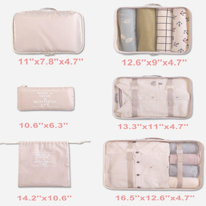 LANGUGU Compression Travel Luggage Organizers 6 Set, Mesh Clothes Bags Luggage Travel Packing Cubes with Bra Underwear Bag for Carry-on Luggage, Suitcase and Backpacking Accessories (Beige)