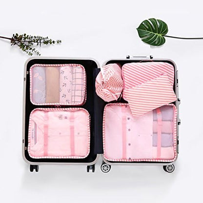 LANGUGU Compression Travel Luggage Organizers 6 Set, Mesh Clothes Bags Luggage Travel Packing Cubes with Bra Underwear Bag for Carry-on Luggage, Suitcase and Backpacking Accessories (Beige)