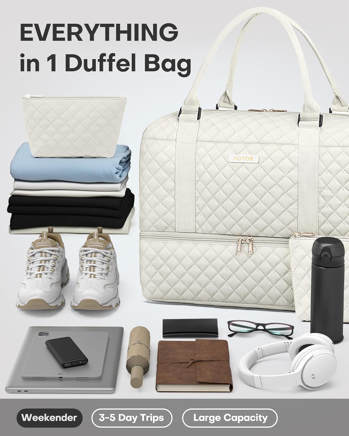 Travel Duffel Bag - Weekender Bags for Women, Gym Tote Bags with Shoe Compartment, Carry On Overnight Bag with Toiletry Bag for Travel Essentials and Travel Accessories, Black, 13.4"×17.3"×7.9"