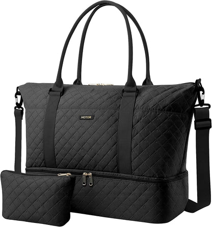 Travel Duffel Bag - Weekender Bags for Women, Gym Tote Bags with Shoe Compartment, Carry On Overnight Bag with Toiletry Bag for Travel Essentials and Travel Accessories, Black, 13.4"×17.3"×7.9"