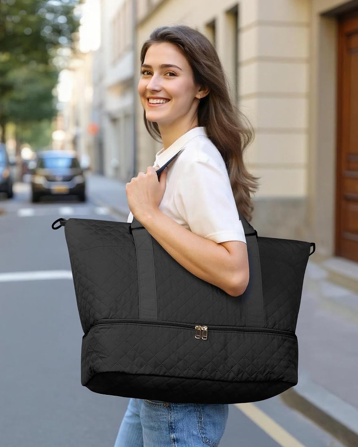 Travel Duffel Bag - Weekender Bags for Women, Gym Tote Bags with Shoe Compartment, Carry On Overnight Bag with Toiletry Bag for Travel Essentials and Travel Accessories, Black, 13.4"×17.3"×7.9"