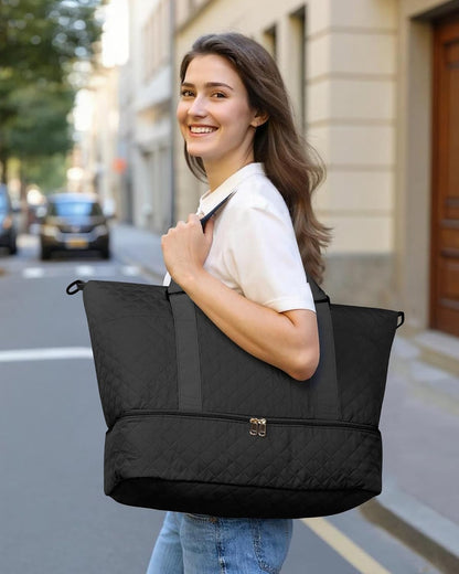 Travel Duffel Bag - Weekender Bags for Women, Gym Tote Bags with Shoe Compartment, Carry On Overnight Bag with Toiletry Bag for Travel Essentials and Travel Accessories, Black, 13.4"×17.3"×7.9"
