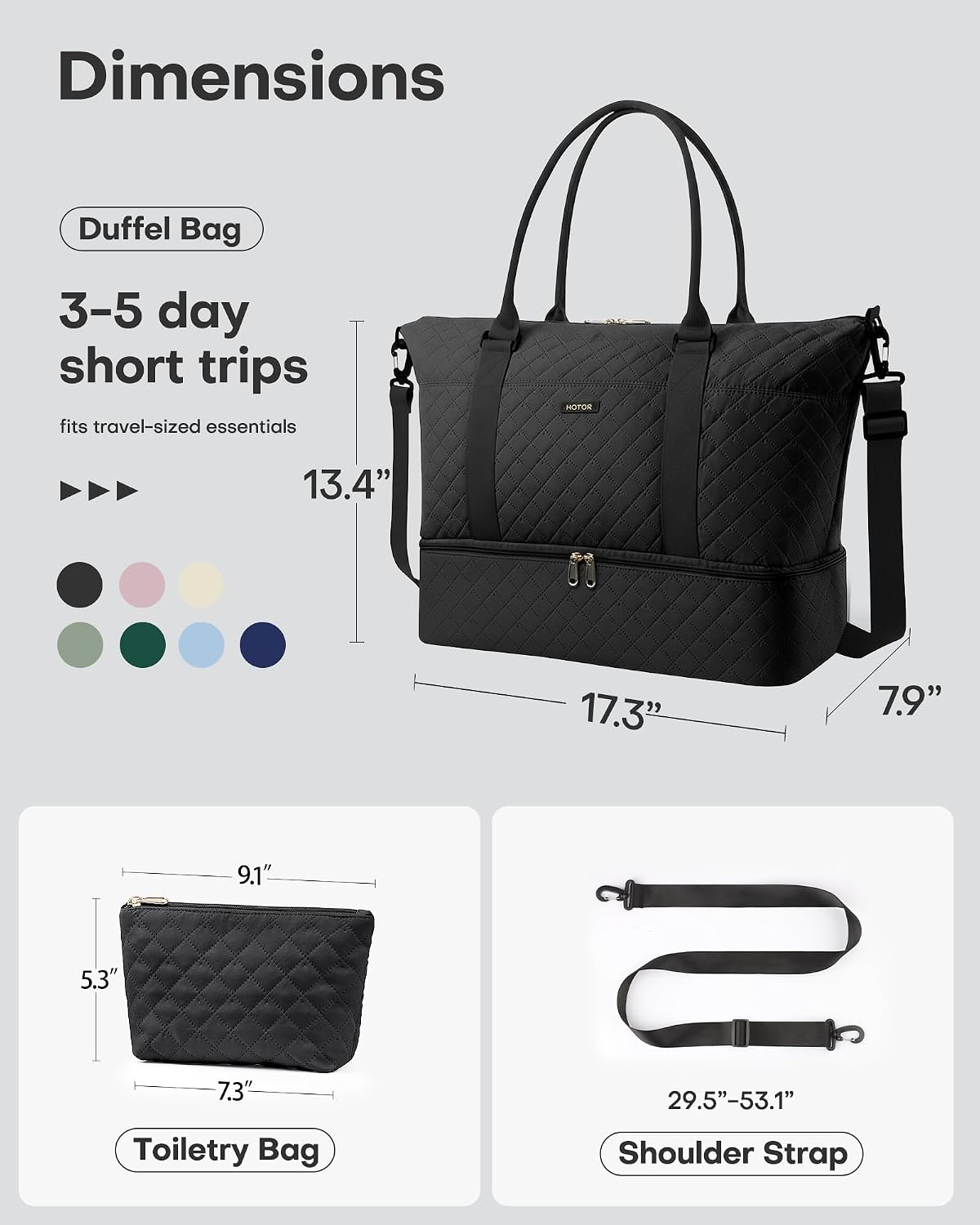 Travel Duffel Bag - Weekender Bags for Women, Gym Tote Bags with Shoe Compartment, Carry On Overnight Bag with Toiletry Bag for Travel Essentials and Travel Accessories, Black, 13.4"×17.3"×7.9"