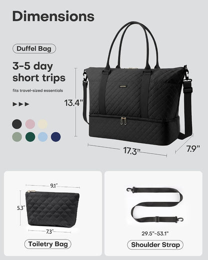 Travel Duffel Bag - Weekender Bags for Women, Gym Tote Bags with Shoe Compartment, Carry On Overnight Bag with Toiletry Bag for Travel Essentials and Travel Accessories, Black, 13.4"×17.3"×7.9"