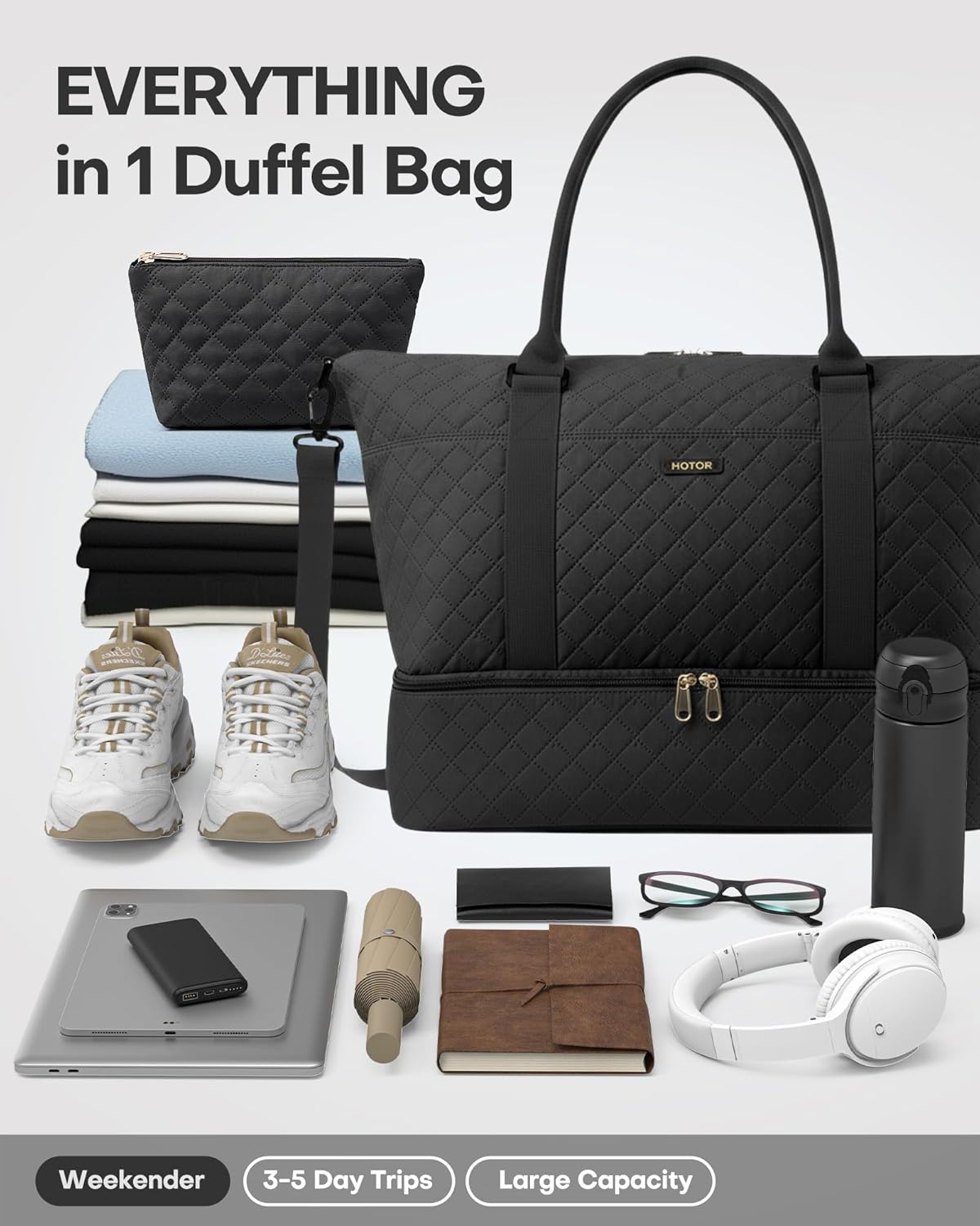 Travel Duffel Bag - Weekender Bags for Women, Gym Tote Bags with Shoe Compartment, Carry On Overnight Bag with Toiletry Bag for Travel Essentials and Travel Accessories, Black, 13.4"×17.3"×7.9"