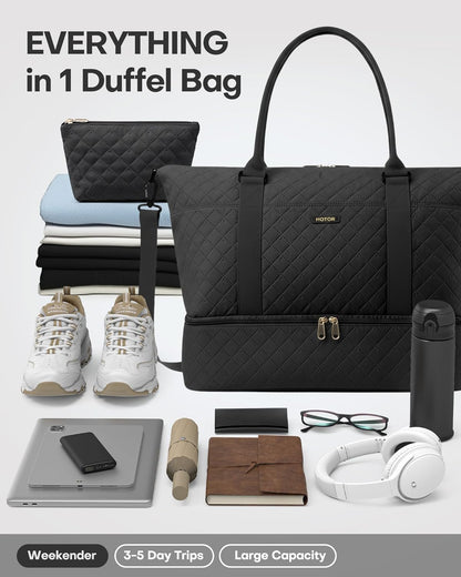 Travel Duffel Bag - Weekender Bags for Women, Gym Tote Bags with Shoe Compartment, Carry On Overnight Bag with Toiletry Bag for Travel Essentials and Travel Accessories, Black, 13.4"×17.3"×7.9"