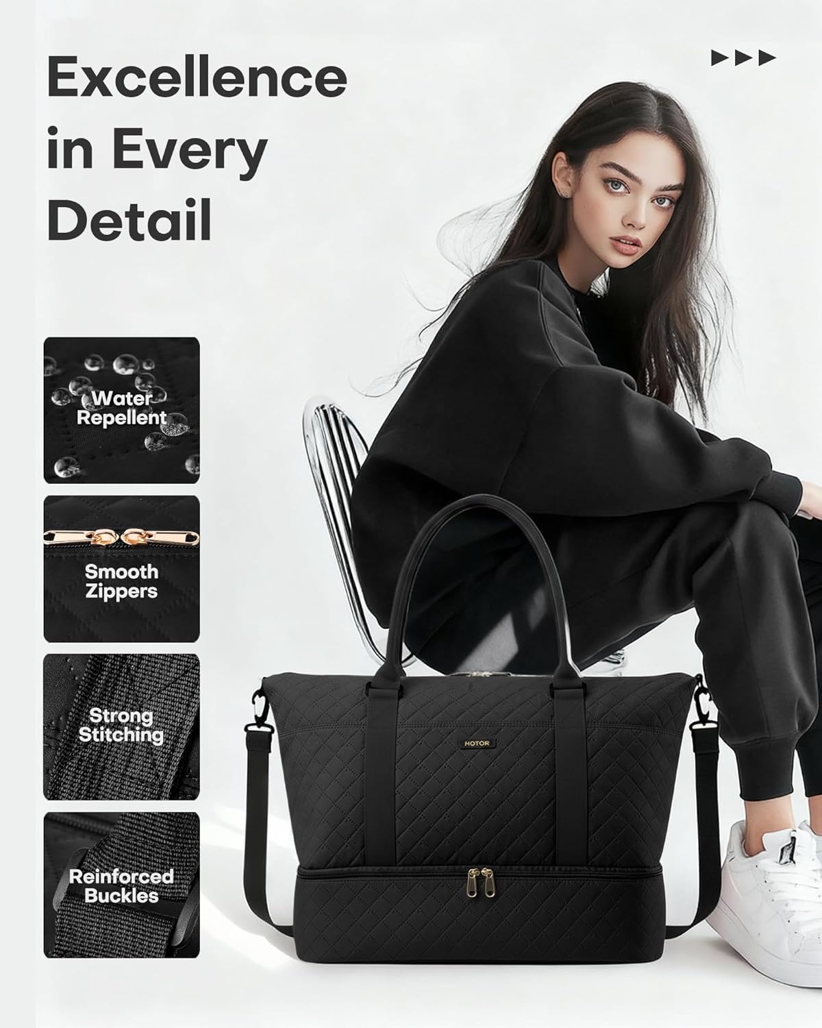 Travel Duffel Bag - Weekender Bags for Women, Gym Tote Bags with Shoe Compartment, Carry On Overnight Bag with Toiletry Bag for Travel Essentials and Travel Accessories, Black, 13.4"×17.3"×7.9"