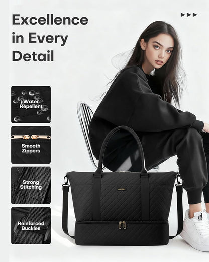 Travel Duffel Bag - Weekender Bags for Women, Gym Tote Bags with Shoe Compartment, Carry On Overnight Bag with Toiletry Bag for Travel Essentials and Travel Accessories, Black, 13.4"×17.3"×7.9"