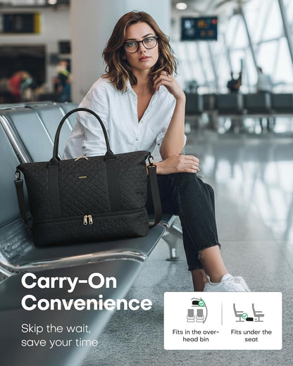 Travel Duffel Bag - Weekender Bags for Women, Gym Tote Bags with Shoe Compartment, Carry On Overnight Bag with Toiletry Bag for Travel Essentials and Travel Accessories, Black, 13.4"×17.3"×7.9"