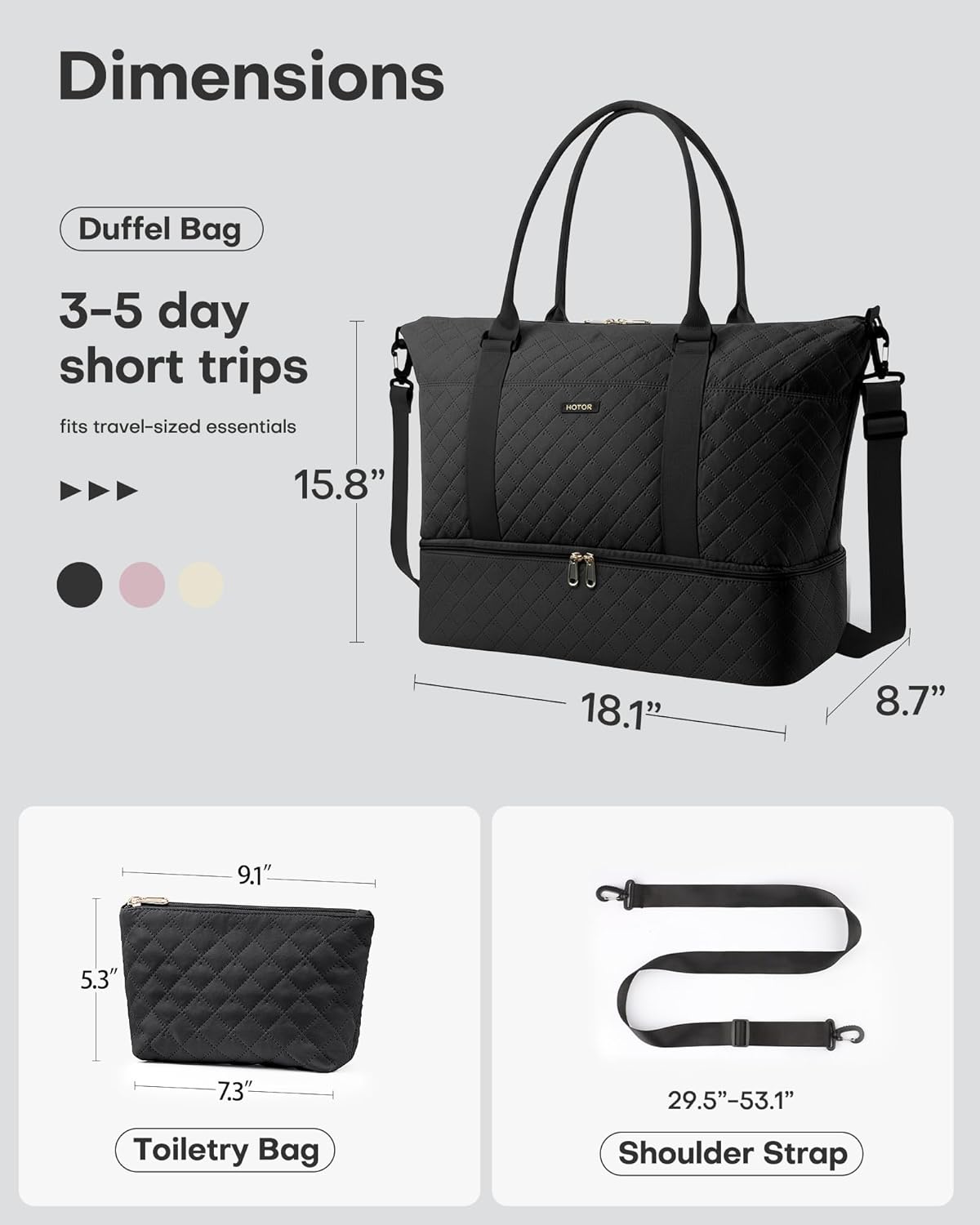Travel Duffel Bag - Weekender Bags for Women, Gym Tote Bags with Shoe Compartment, Carry On Overnight Bag with Toiletry Bag for Travel Essentials and Travel Accessories, Black, 13.4"×17.3"×7.9"