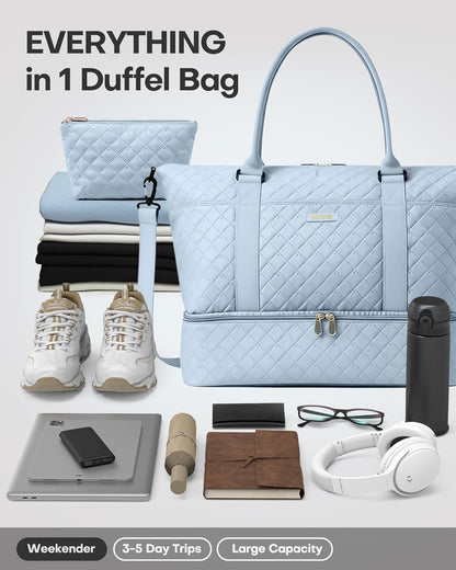 Travel Duffel Bag - Weekender Bags for Women, Gym Tote Bags with Shoe Compartment, Carry On Overnight Bag with Toiletry Bag for Travel Essentials and Travel Accessories, Black, 13.4"×17.3"×7.9"