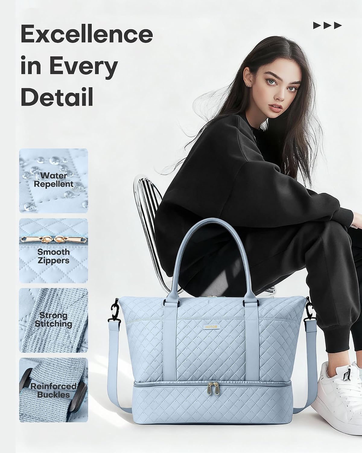 Travel Duffel Bag - Weekender Bags for Women, Gym Tote Bags with Shoe Compartment, Carry On Overnight Bag with Toiletry Bag for Travel Essentials and Travel Accessories, Black, 13.4"×17.3"×7.9"
