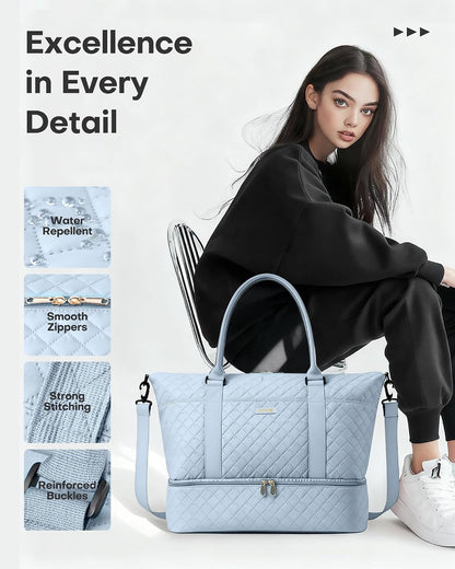 Travel Duffel Bag - Weekender Bags for Women, Gym Tote Bags with Shoe Compartment, Carry On Overnight Bag with Toiletry Bag for Travel Essentials and Travel Accessories, Black, 13.4"×17.3"×7.9"
