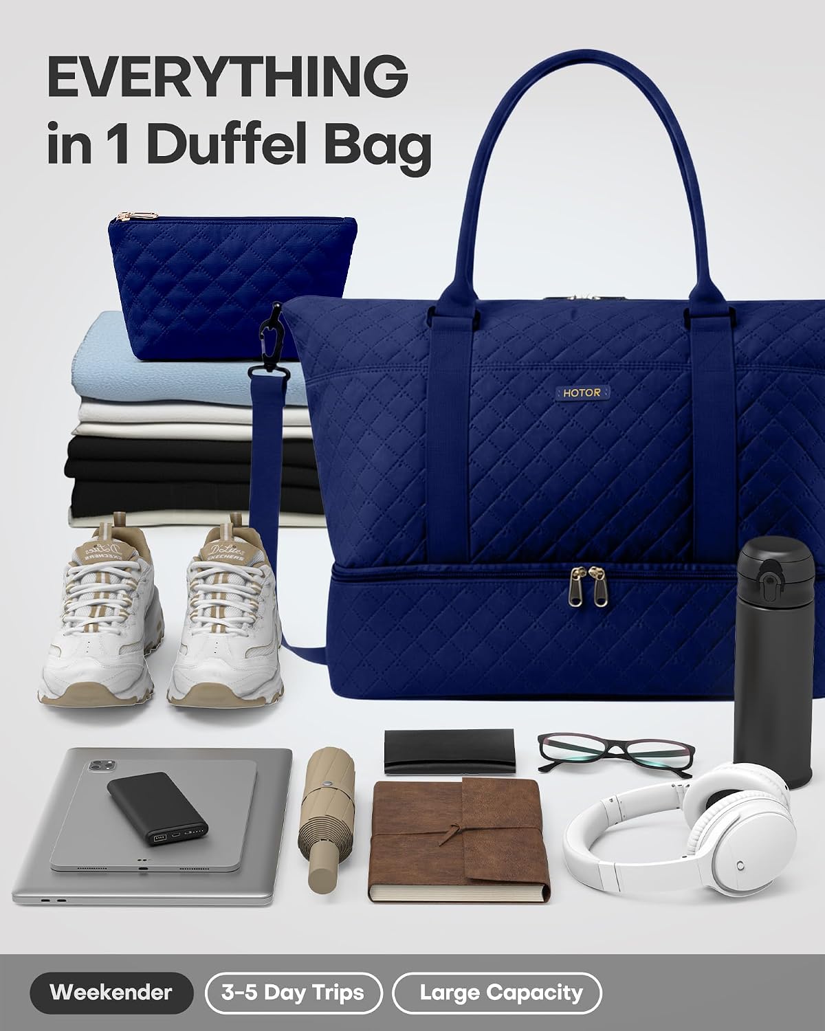 Travel Duffel Bag - Weekender Bags for Women, Gym Tote Bags with Shoe Compartment, Carry On Overnight Bag with Toiletry Bag for Travel Essentials and Travel Accessories, Black, 13.4"×17.3"×7.9"