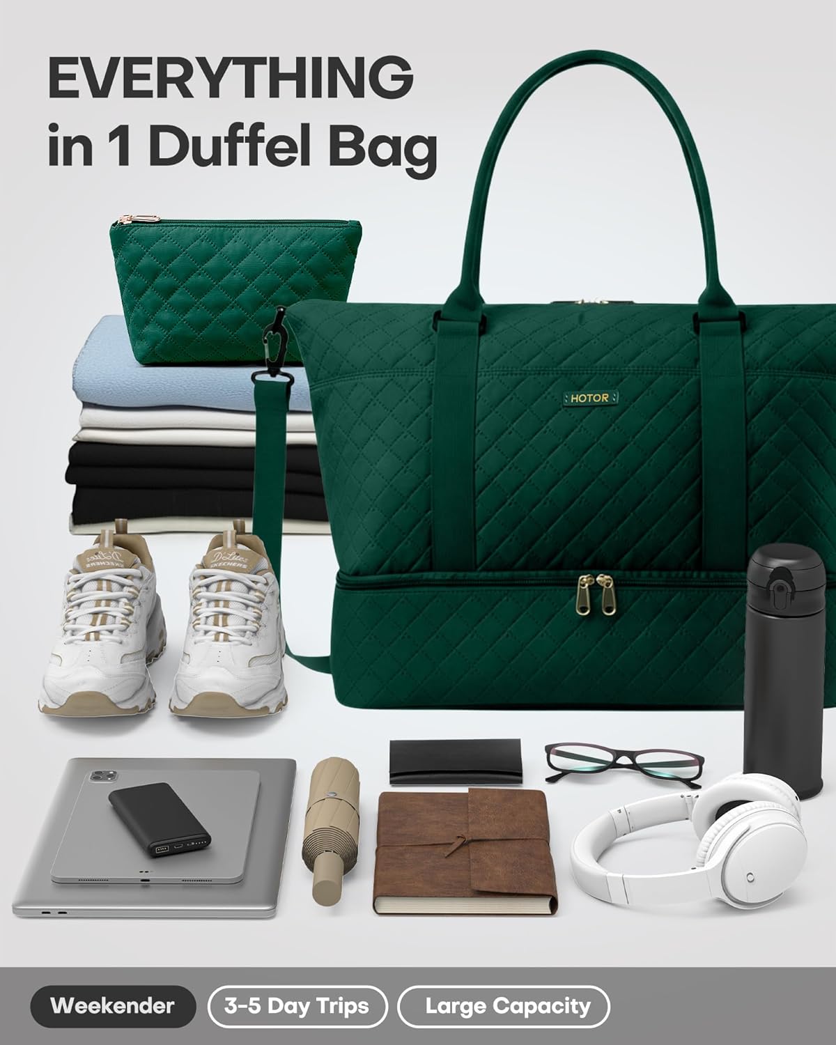 Travel Duffel Bag - Weekender Bags for Women, Gym Tote Bags with Shoe Compartment, Carry On Overnight Bag with Toiletry Bag for Travel Essentials and Travel Accessories, Black, 13.4"×17.3"×7.9"
