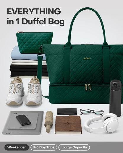 Travel Duffel Bag - Weekender Bags for Women, Gym Tote Bags with Shoe Compartment, Carry On Overnight Bag with Toiletry Bag for Travel Essentials and Travel Accessories, Black, 13.4"×17.3"×7.9"