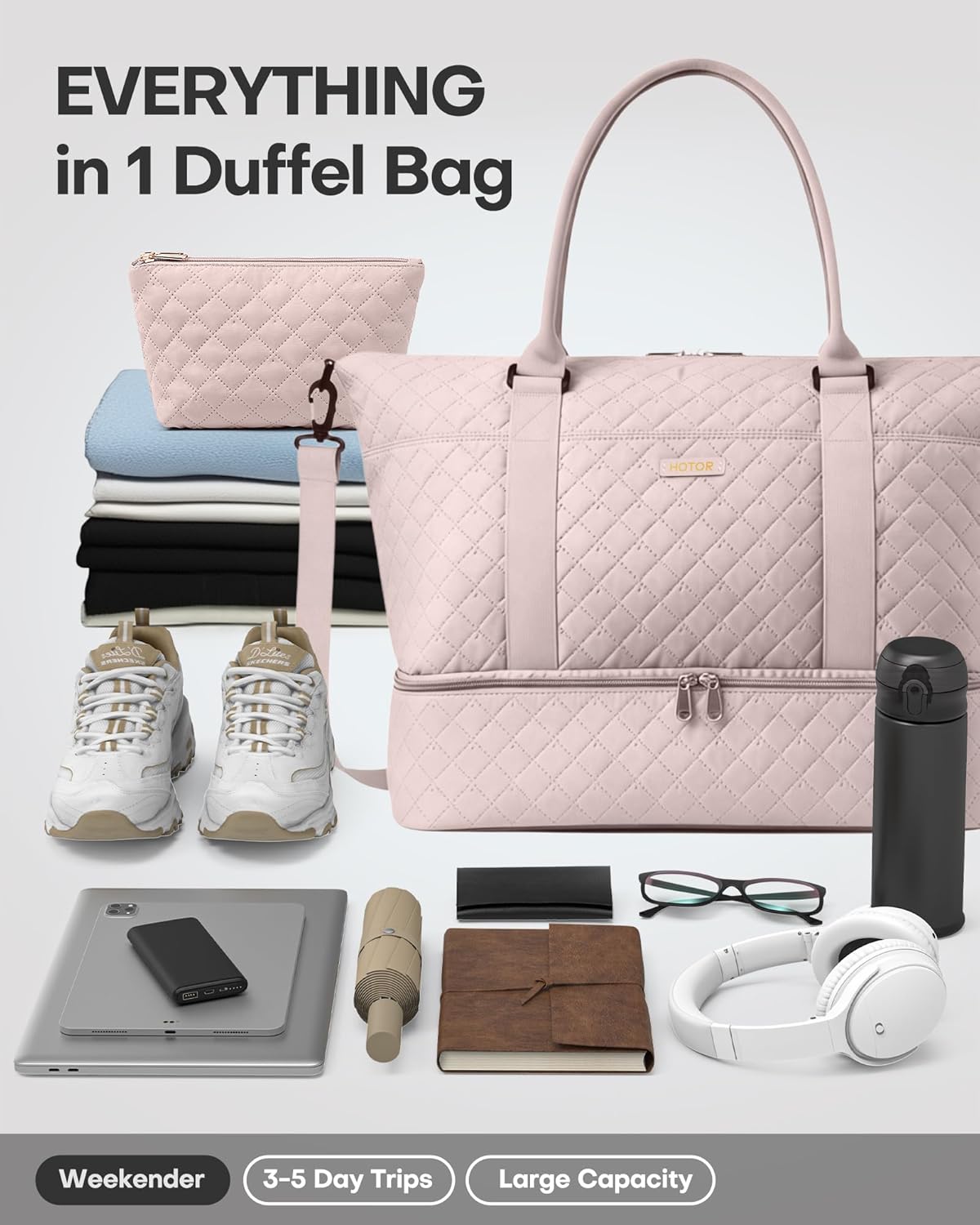 Travel Duffel Bag - Weekender Bags for Women, Gym Tote Bags with Shoe Compartment, Carry On Overnight Bag with Toiletry Bag for Travel Essentials and Travel Accessories, Black, 13.4"×17.3"×7.9"